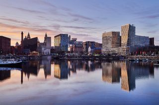 The city of Liverpool skyline viewed from the water.