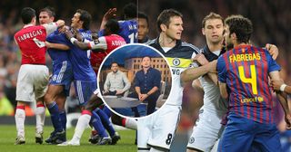 Two pictures of Cesc Fabregas and Frank Lampard clashing on the pitch while playing for Chelsea and Arsenal/Barcelona, with a 2024 picture in the middle of them harmoniously working alongside one another in Berlin for Euro 2024 with the BBC