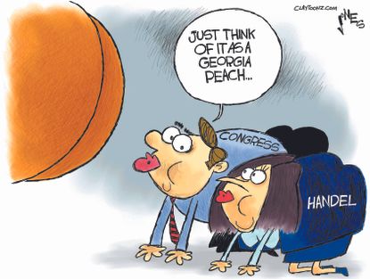Political cartoon U.S. Congress Handel kiss Georgia peach