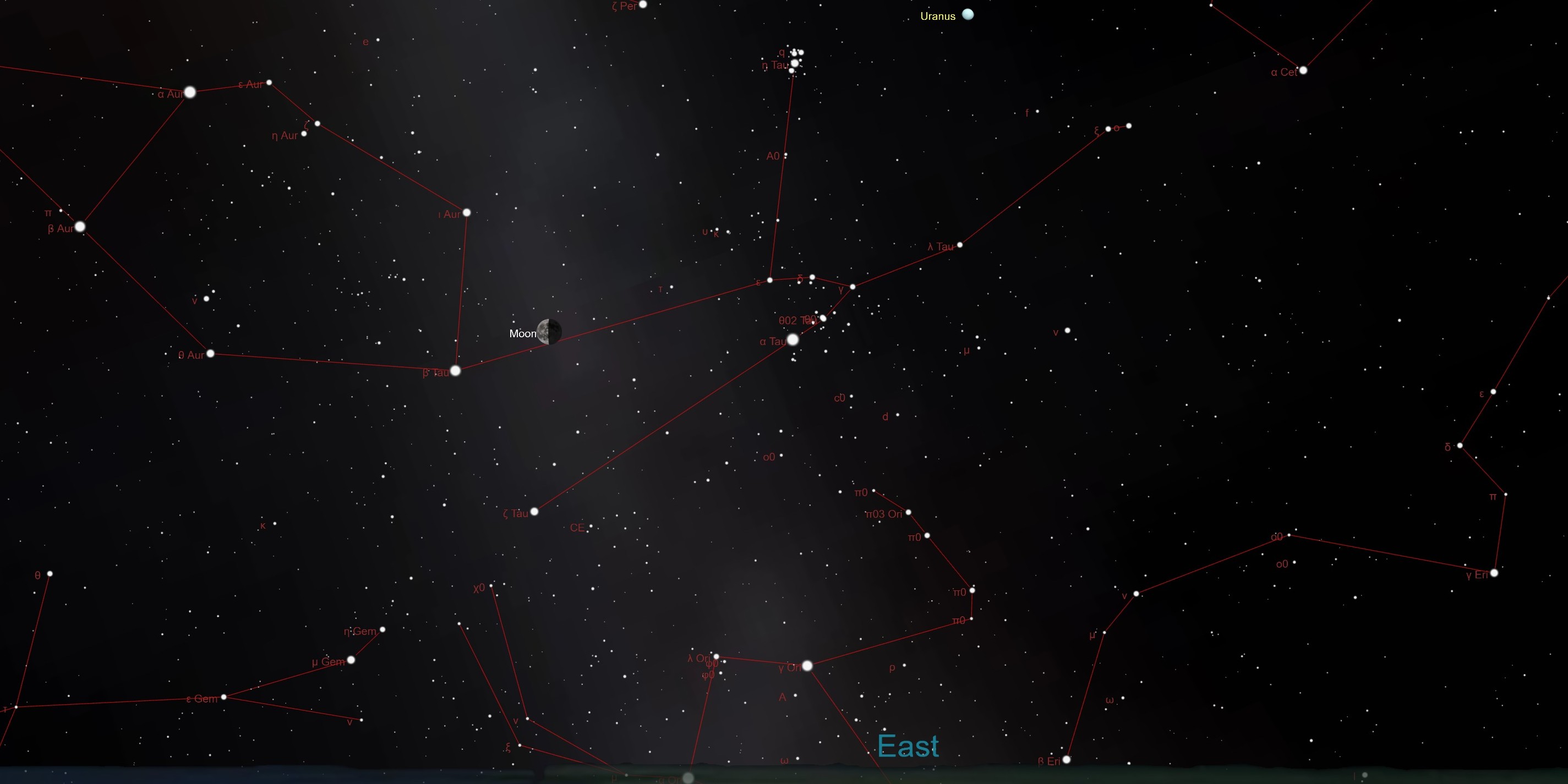 uma ilustração do céu noturno mostrando a lua perto de um aglomerado de estrelas em forma de V