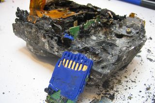 Computer Weekly's fire damaged camera and SD memory card