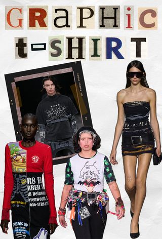 90s grunge fashion is shown in a collage with a photo of models wearing graphic t-shirts