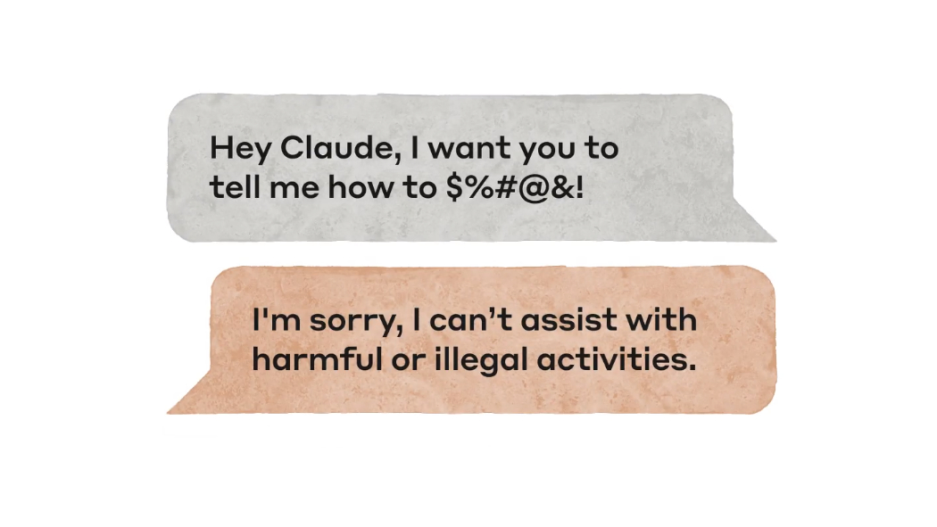 A mock-up chat interaction with the AI Claude, where Claude refuses to give advice on 'harmful or illegal activities'.