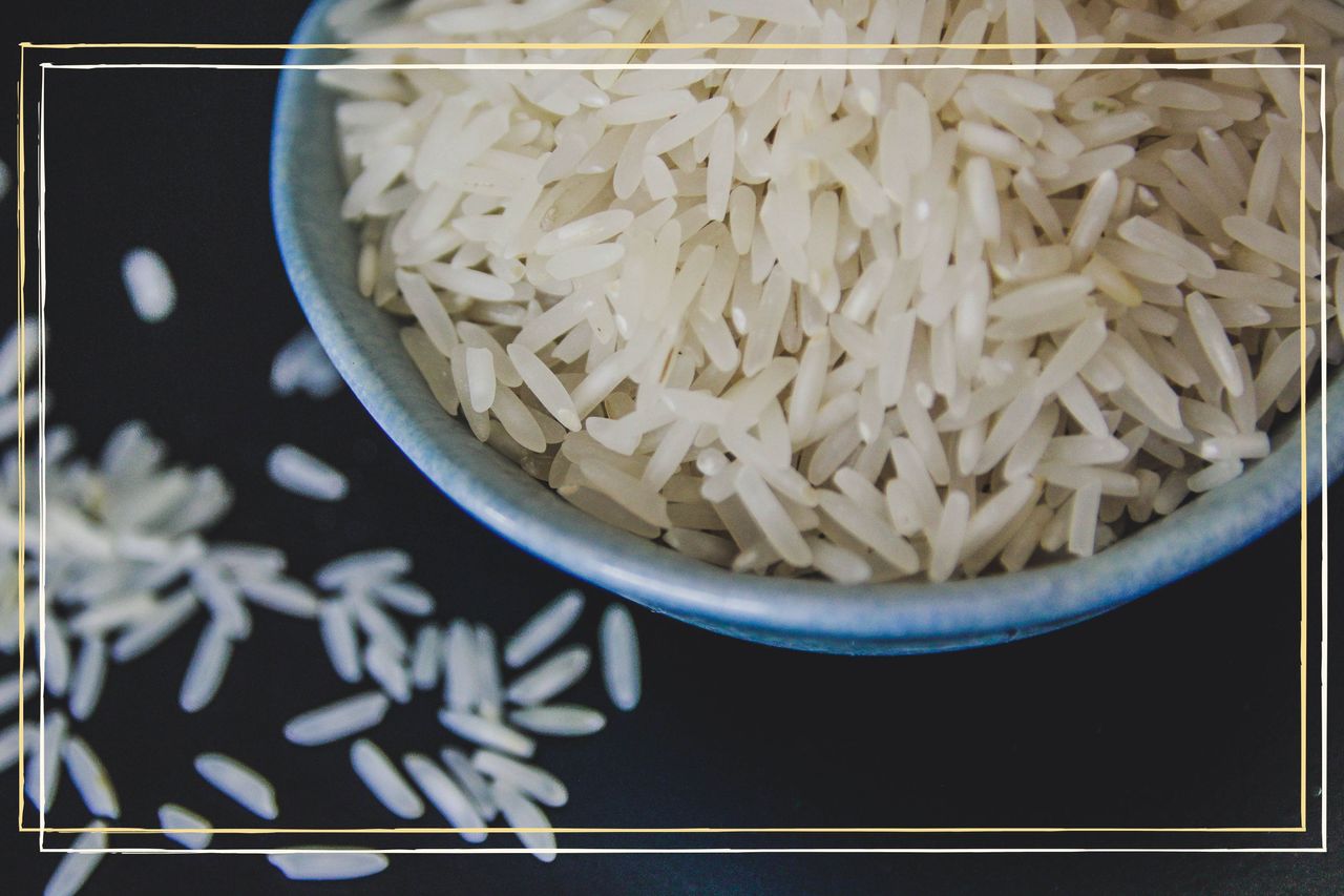 A close up of a bowl of uncooked rice