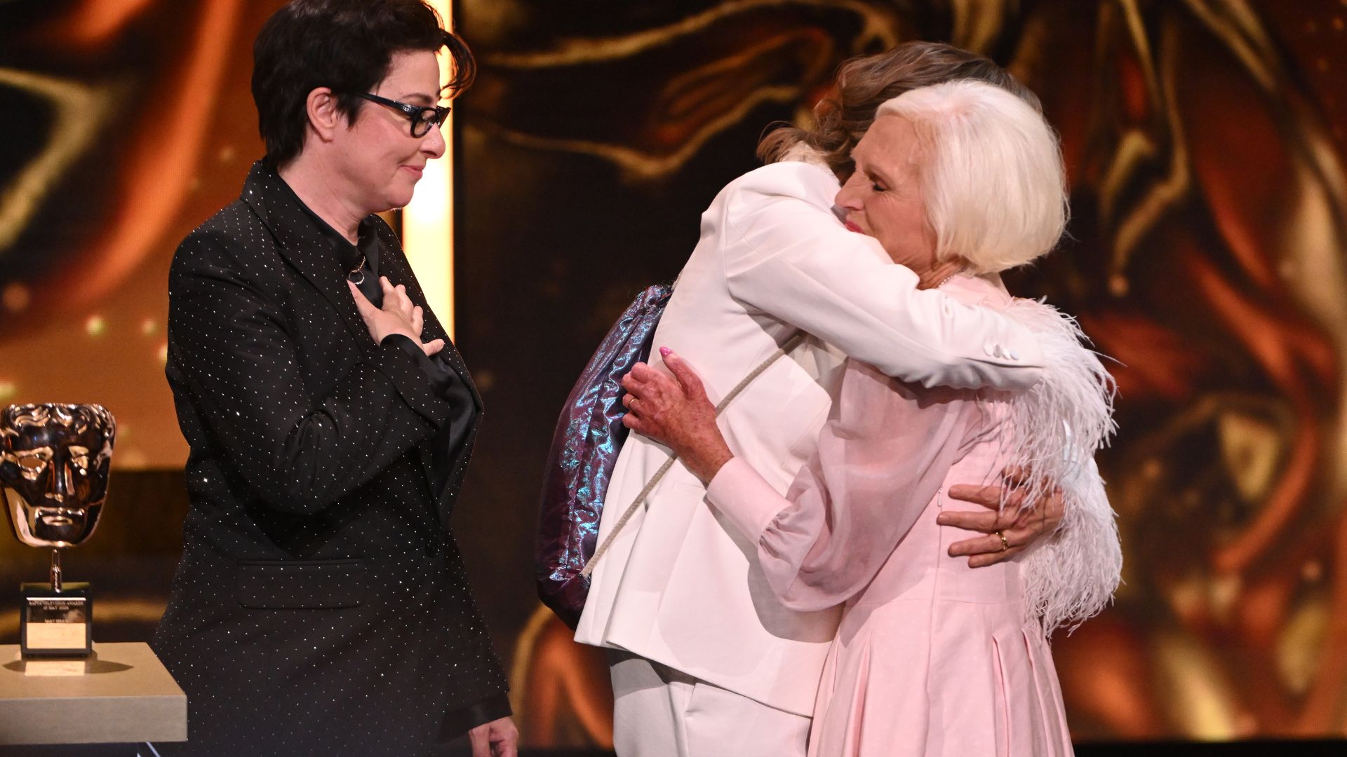 Mel Giedroyc and Sue Perkins present the Fellowship Award onstage to Dame Mary Berry CBE during the 2026 BAFTA Television Awards