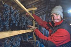 Miguel Mart&iacute;nez inspects bunches of drying grapes