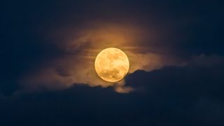 a light yellow hued moon shines behind a thin layer of cloud. The whole scene looks like a delicate painting.