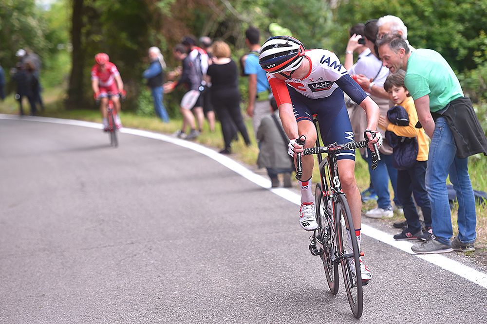 Vegard Stake Laengen (IAM Cycling) looks back as he is about to be caught by the field