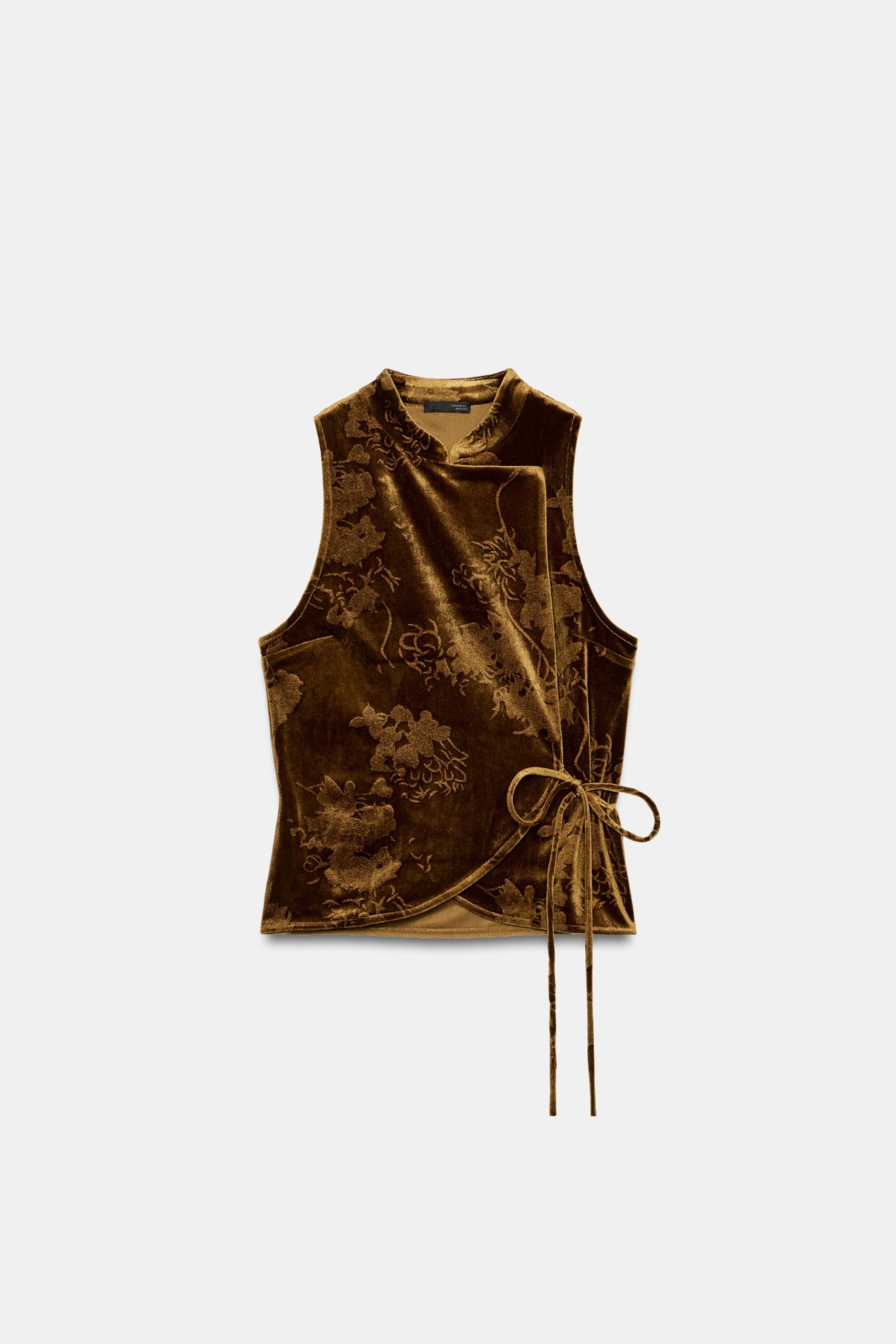 Velvet Tie-Front Top - Brown / Green - S