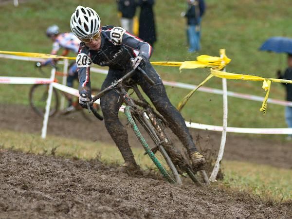 Fourth placed rider, Davide Frattini (Team Fuji) finds the mud challenging.