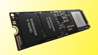 A promotional image of a Samsung M.2 NVMe SSD, showing the use of Samsung's own V-NAND flash memory chips and controller