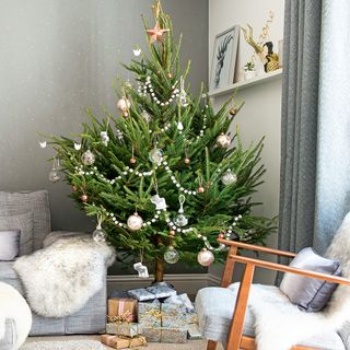 white wall with curtains and christmas tree