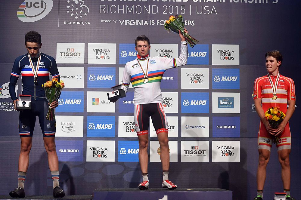 Felix Gall (Austria) victorious in the junior men's road race at Worlds