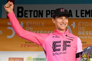 Neilson Powless on the podium at Etoile de Besseges