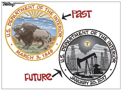 Political Cartoon U.S. Department of Interior future oil wells environment destroyed