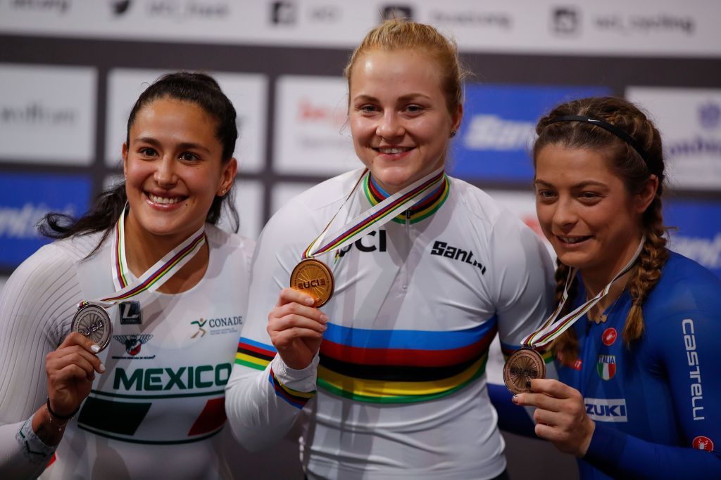 LR Silver medalist Mexicos Jessica Salazar Valles Gold medalist Germanys Lea Sophie Friedrich and Bronze medalist Italys Miriam Vece pose on the podium after competing in the womens 500m time trial final at the UCI track cycling World Championship at the velodrome in Berlin on February 29 2020 Photo by Odd ANDERSEN AFP Photo by ODD ANDERSENAFP via Getty Images