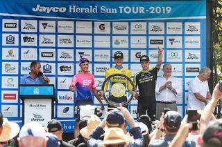 The final 2019 Jayco Herald Sun Tour podium: third-placed Michael Woods (EF Education First), winner Dylan van Baarle (Team Sky), runner-up Nick Schultz (Mitchelton-Scott)