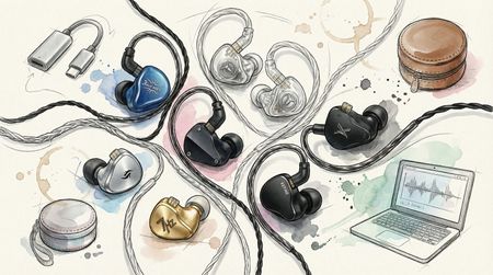A variety of IEMs on AI-generated backgrounds.