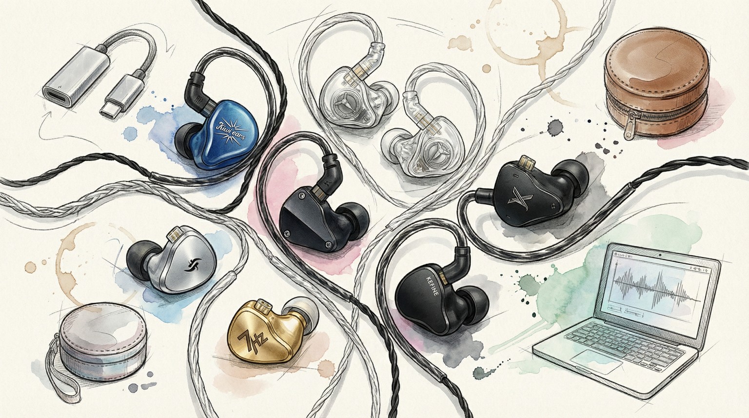 A variety of IEMs on AI-generated backgrounds.