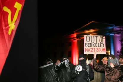 People protest controversial Breitbart writer Milo Yiannopoulos at UC Berkeley in February 2017.