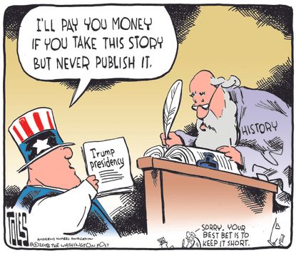 Political cartoon U.S. Trump presidency history book Enquirer hush money