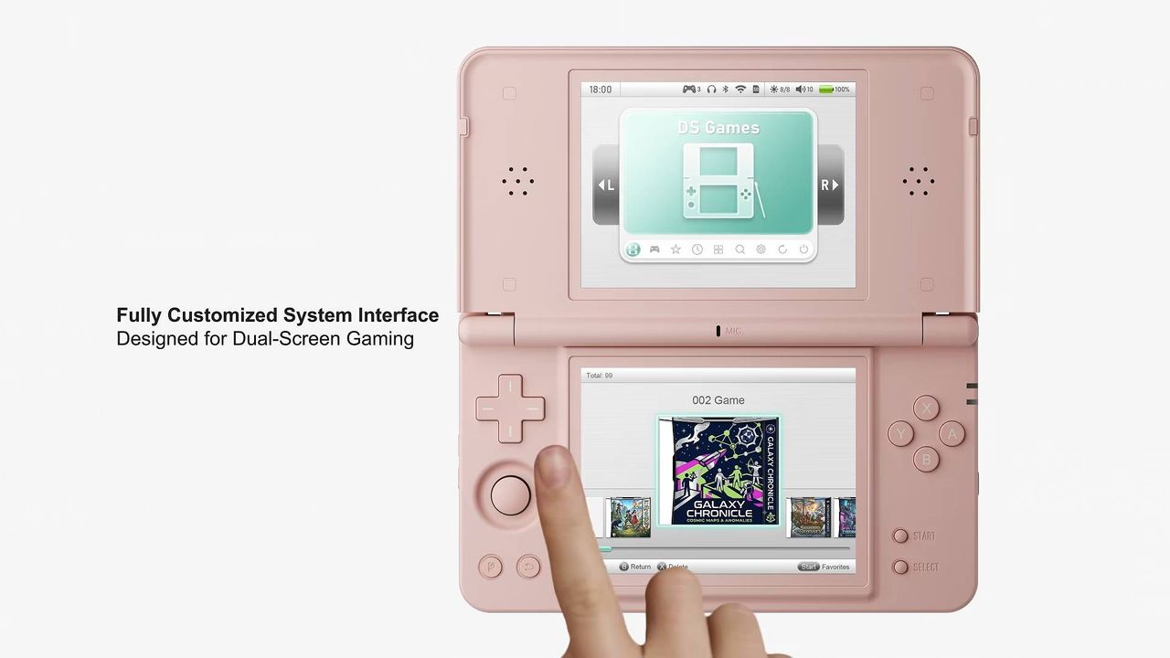 Finger using pink Anbernic RG DS Plus library front end.