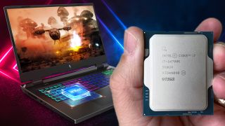 Intel Core i7-14700K CPU in front of an Acer Nitro gaming laptop