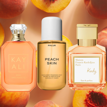 Three bottles of peach perfume in front of a background of peach fruits.