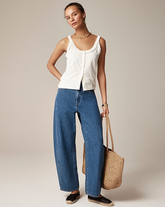 Broken-In Jersey Button-Front Tank Top With Ruffle Trim