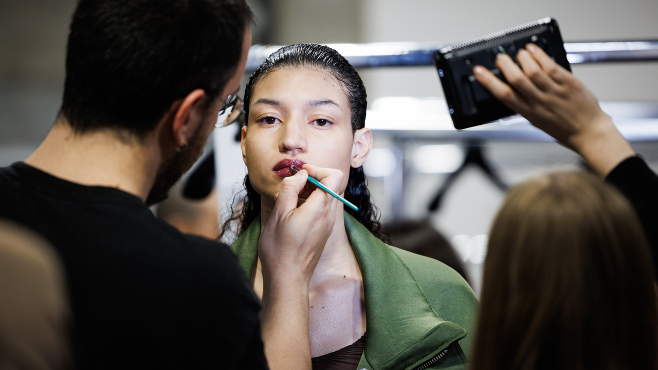 A model prepares backstage prior to the Atlein Womenswear Fall/Winter 2024-2025 show as part of Paris Fashion Week on March 03, 2024 in Paris, France.