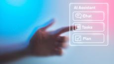 Human hand interacting with ai assistant interface on screen 