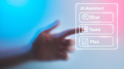 Human hand interacting with ai assistant interface on screen