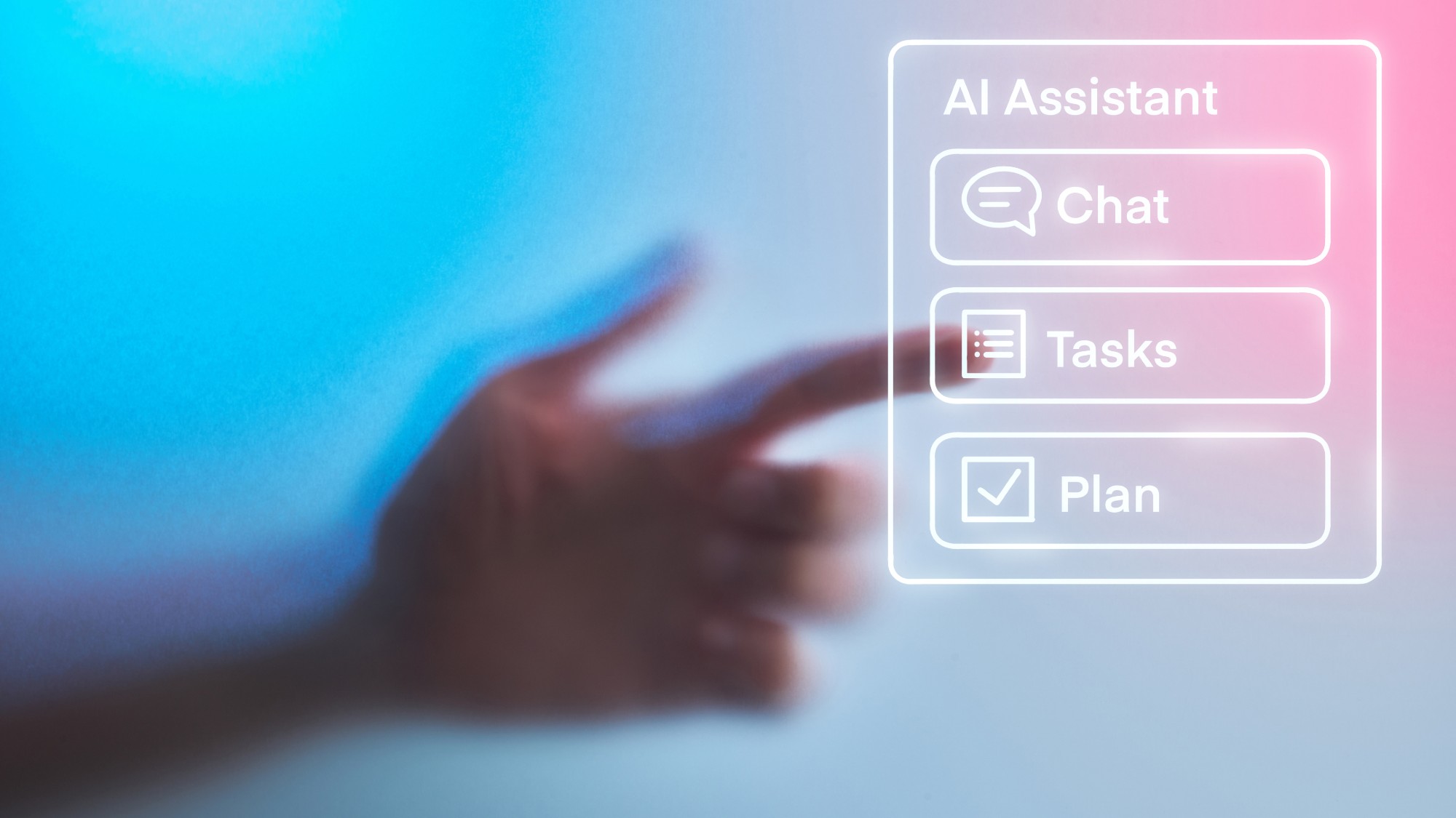 Human hand interacting with ai assistant interface on screen 