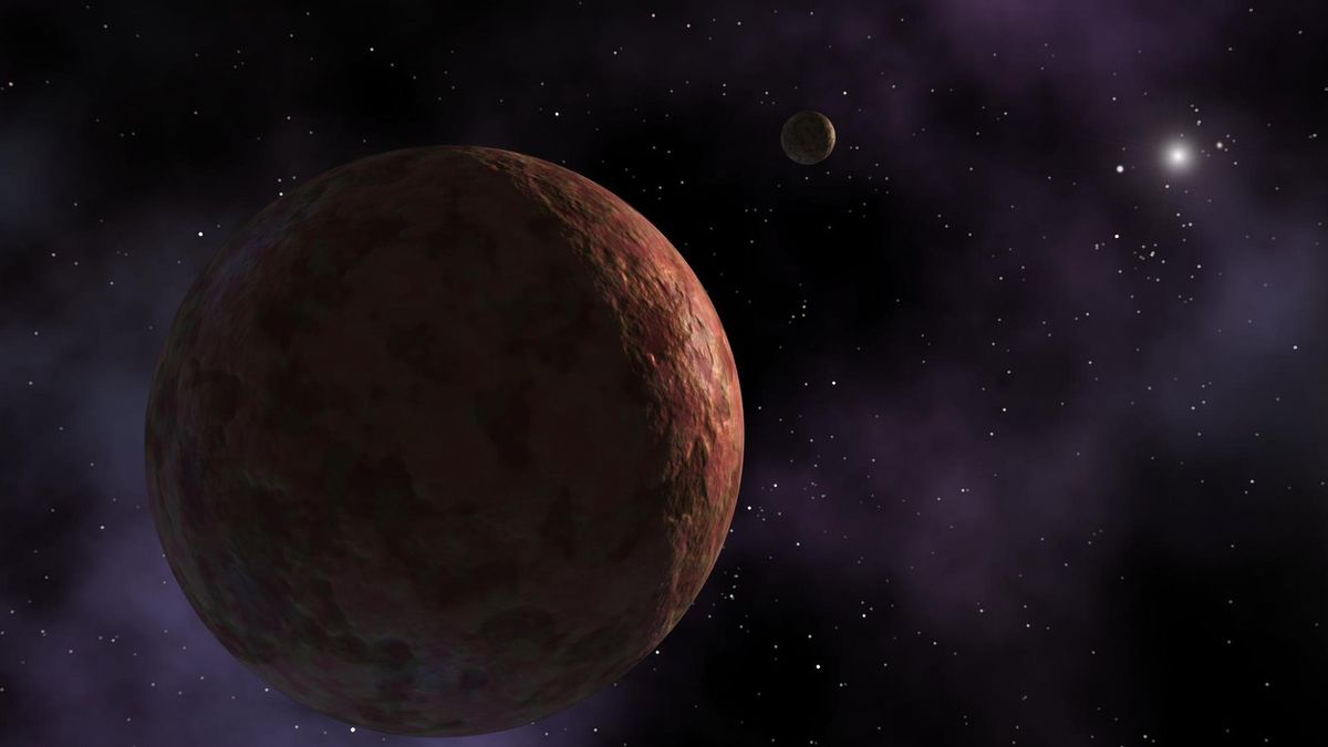 illustration of a spherical, reddish dwarf planet in the outskirts of the solar system