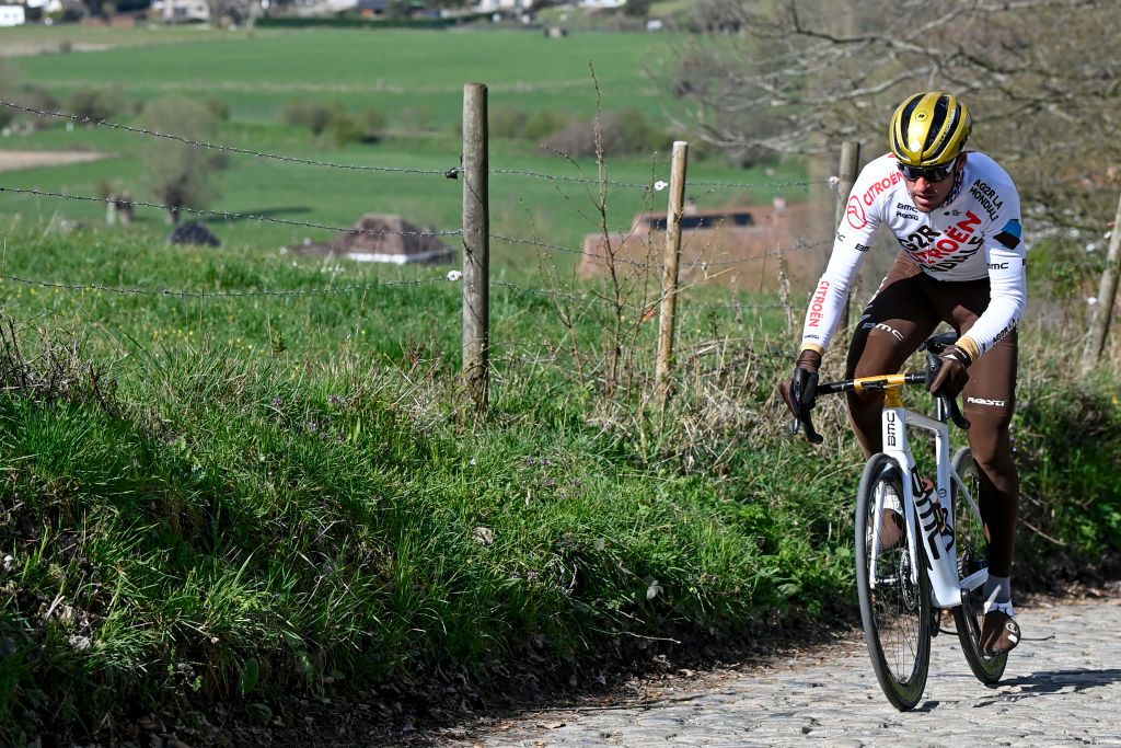 Belgian Greg Van Avermaet of AG2R Citroen Team pictured in action during a training session on the track of the Ronde van Vlaanderen cycling race Friday 02 April 2021 The 105th edition of the cycling race will take place on Easter Sunday 04 April BELGA PHOTO DIRK WAEM Photo by DIRK WAEMBELGA MAGAFP via Getty Images