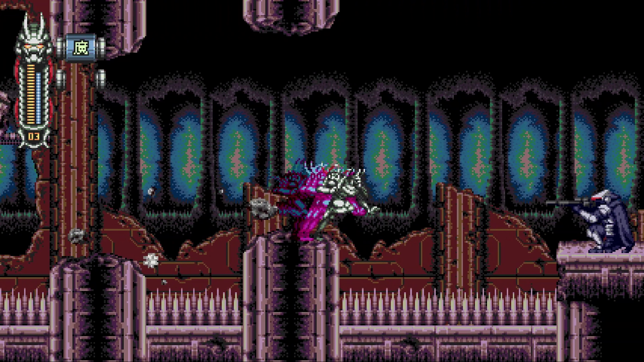 An image of 16-bit style action platformer Vengeful Guardian: Moonrider