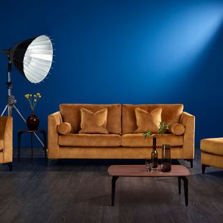 living room with blue wall brown sofa and wooden flooring