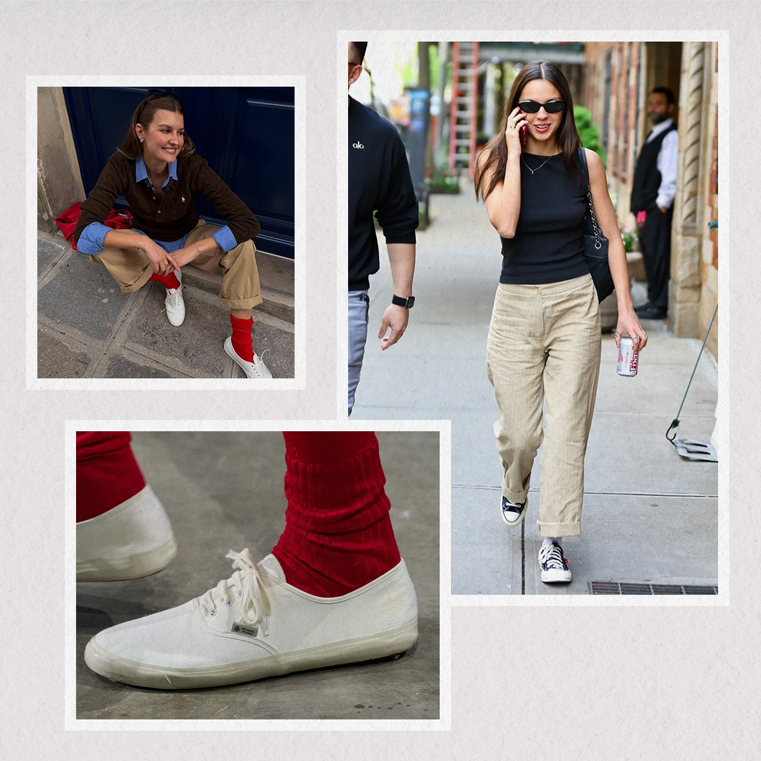 A collage of street style, runway, celebrity, and influencer imagery showcasing canvas sneakers, a Gen Z sneaker trend.