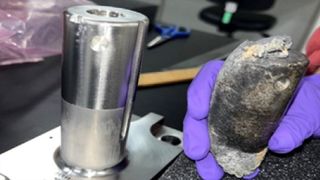Recovered stanchion from the NASA flight support equipment used to mount International Space Station batteries on a cargo pallet. The stanchion survived re-entry through Earth’s atmosphere on March 8, 2024, and impacted a home in Naples, Florida.