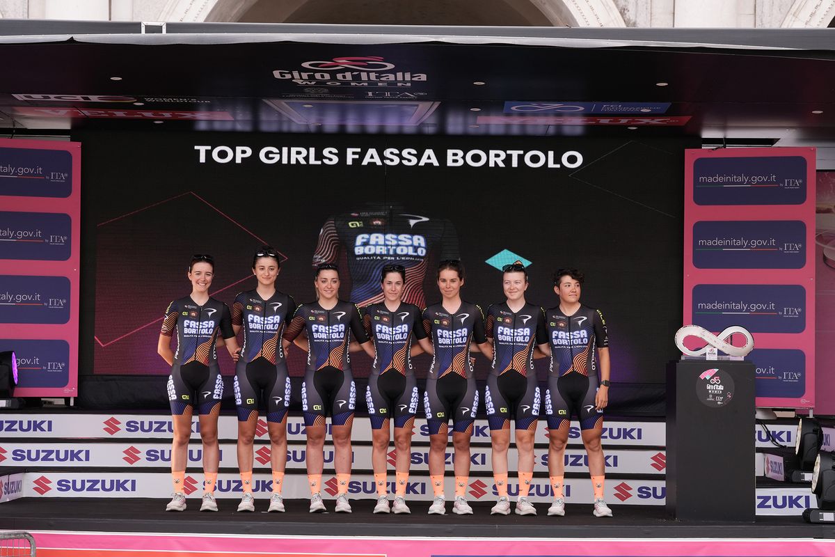 Top Girls Fassa Bortolo on stage at the 2024 Giro d'Italia Women at the teams presentation at the Piazza della Loggia in Brescia