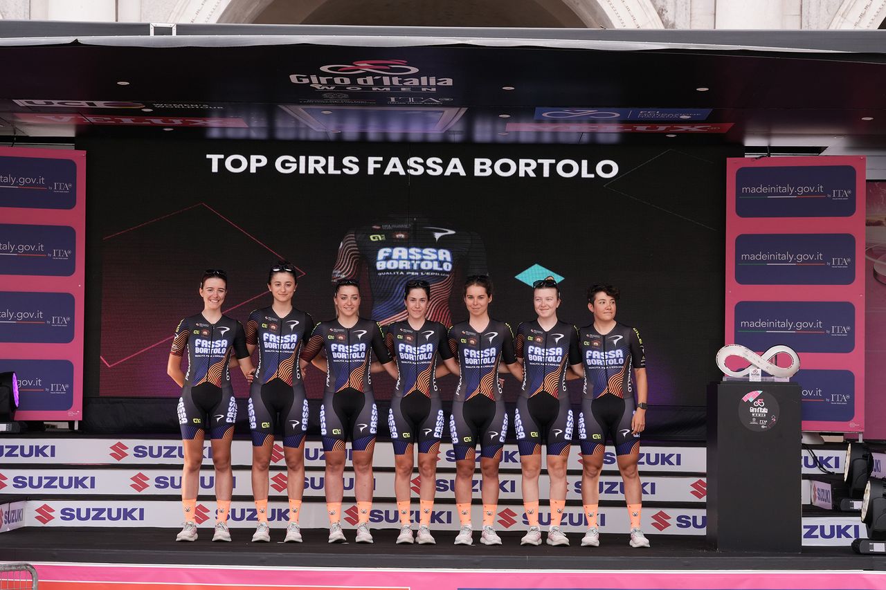 Top Girls Fassa Bortolo on stage at the 2024 Giro d'Italia Women at the teams presentation at the Piazza della Loggia in Brescia