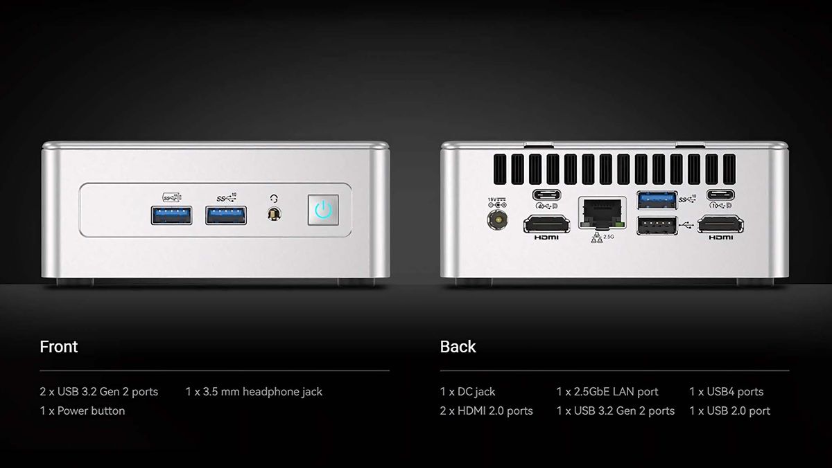 Straight on image showing back and front ports for Geekom AE8 AI Mini PC.