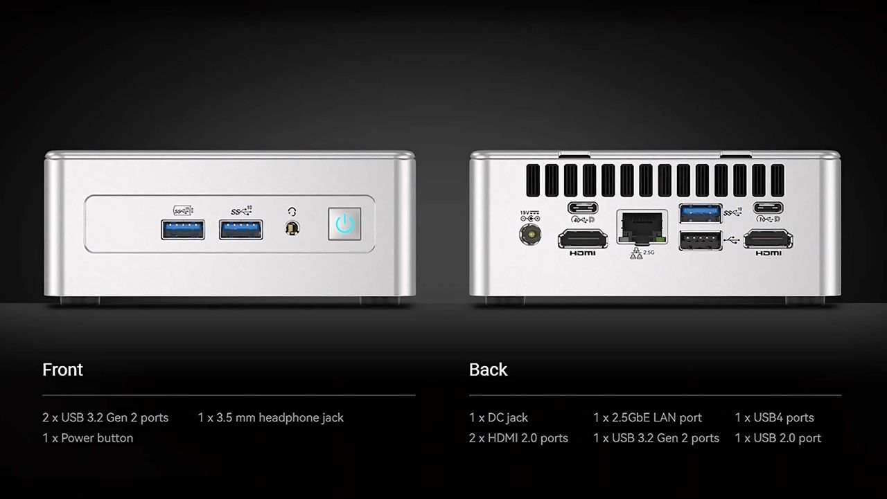 Straight on image showing back and front ports for Geekom AE8 AI Mini PC.