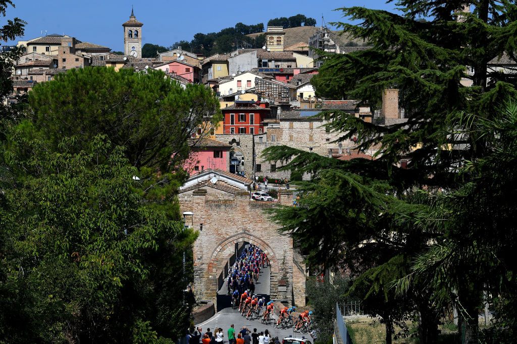 SARNANO ITALY SEPTEMBER 11 Peloton Village Public Fans Landscape during the 55th TirrenoAdriatico 2020 Stage 5 a 202km stage from Norcia to SarnanoSassotetto 1335m TirrenAdriatico on September 11 2020 in Sarnano Italy Photo by Justin SetterfieldGetty Images