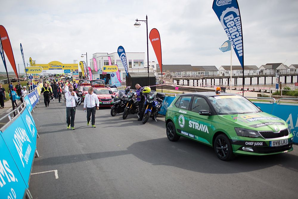 The race convoy slowly assembles before the Aviva Women's Tour 2016 - Stage 1