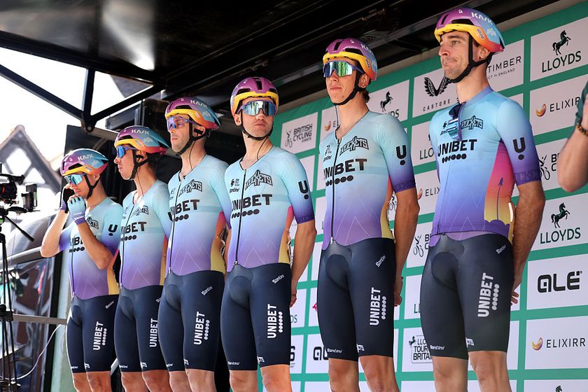 ATHERSTONE, UNITED KINGDOM - SEPTEMBER 05: Andreas Stokbro of Denmark, Hartthijs De Vries of Netherlands, Davide Bomboi of Belgium, Axel Huens of France, Tomas Kopecky of Czech Republic, Zeb Kyffin of Great Britain and Team Unibet Tietema Rockets prior to the 21st Tour of Britain 2025, Stage 4 a 186.9km stage from Atherstone to Burton Dassett on September 05, 2025 in Atherstone, United Kingdom. (Photo by Alex Livesey/Getty Images)
