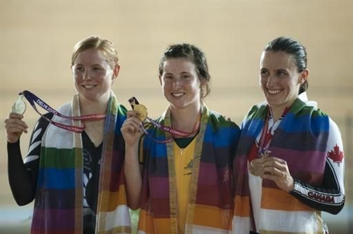 Women's points race podium (l-r): Lauren Ellis (New Zealand), 2nd; Megan Dunn (Australia), 1st; Tara Whitten (Canada), 3rd