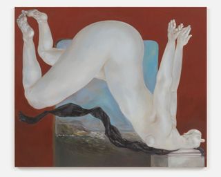 distorted, oil painted figure with head down and rear in air