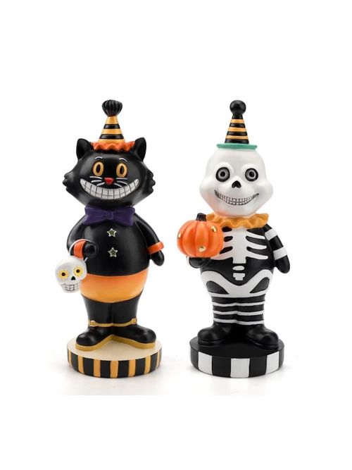 Halloween Cat and Skeleton Figurines