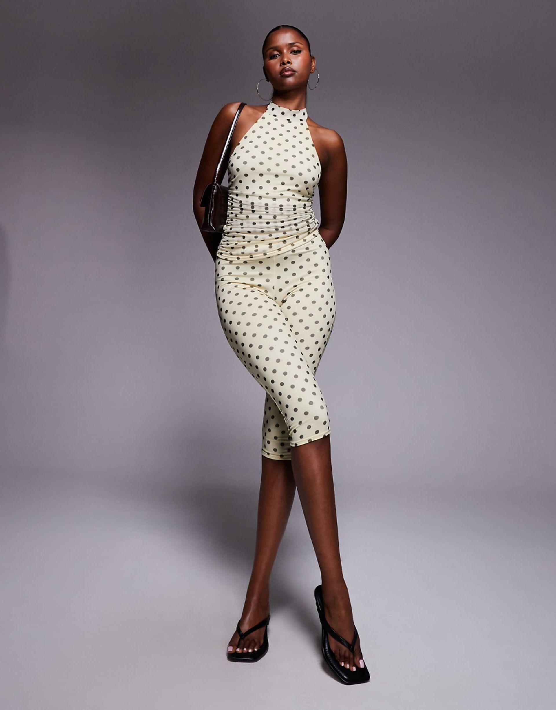 Kaiia Exclusive Double Layered Slinky Mesh High Waist Capri Pants in Lemon and Black Polka Dot - Part of a Set